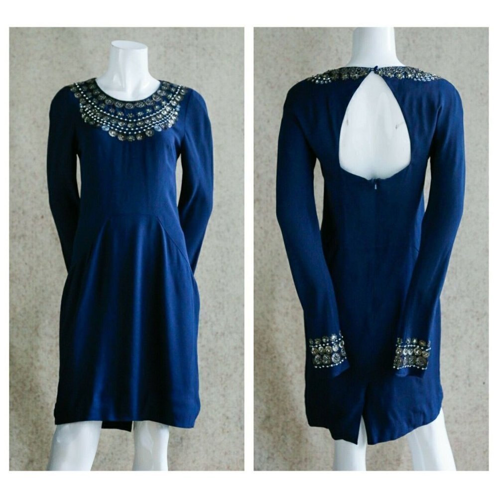 Temperley London Navy Blue Embellished Fitted Knee Lenght Cocktail Dress SZ6